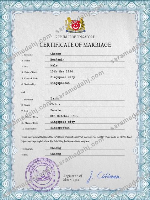 Singapore marriage certificate PSD template